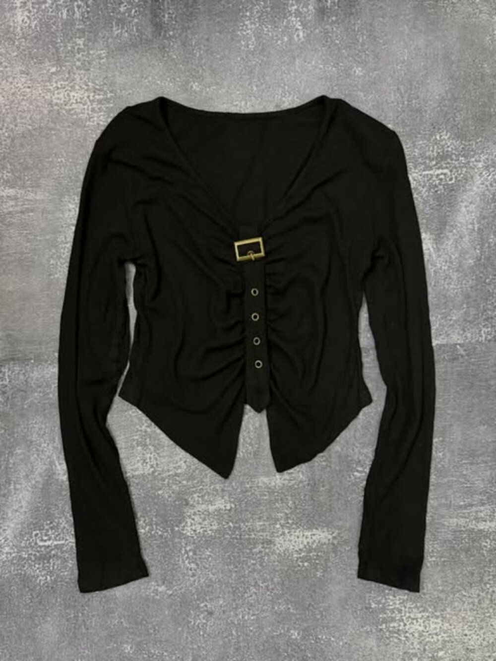 Black Ruched Buckle Front Top